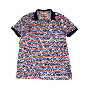 Tommy Hilfiger Denim All Over‎ Logo Print Polo Shirt Men's Size L G Navy Collar